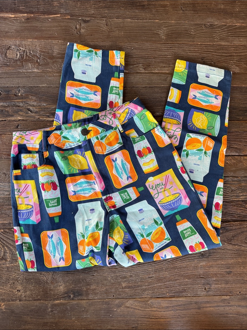 Lucy & Yak Navy Straight Leg Jeans with Colorful Grocery Print - Picture 5 of 12